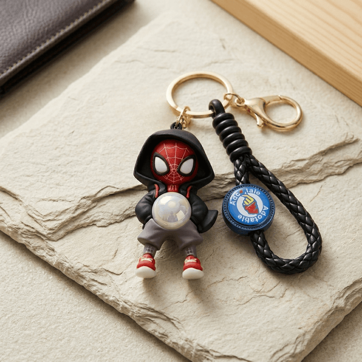 Spider Hero LED Keychain with FlashlightKeychainsCrafty CuddleKeychain with spider-Man figure and braided black strap on a textured surface