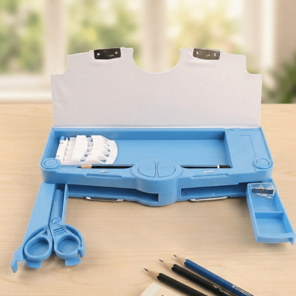 Spider - Man Multifunction Pencil BoxPencil BoxCrafty CuddleBlue stationery set with scissors, ruler, and other tools on a wooden surface.spidermanpencilbox kidsstationery cartoonpencilbox multifunctionpencilcase schoolstationery kidsstudyessentials stationeryforkids superherostationery cutestationery backtoschool