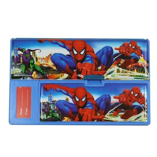 Back view of Spiderman pencil box for kids with dual compartments and vibrant superhero print