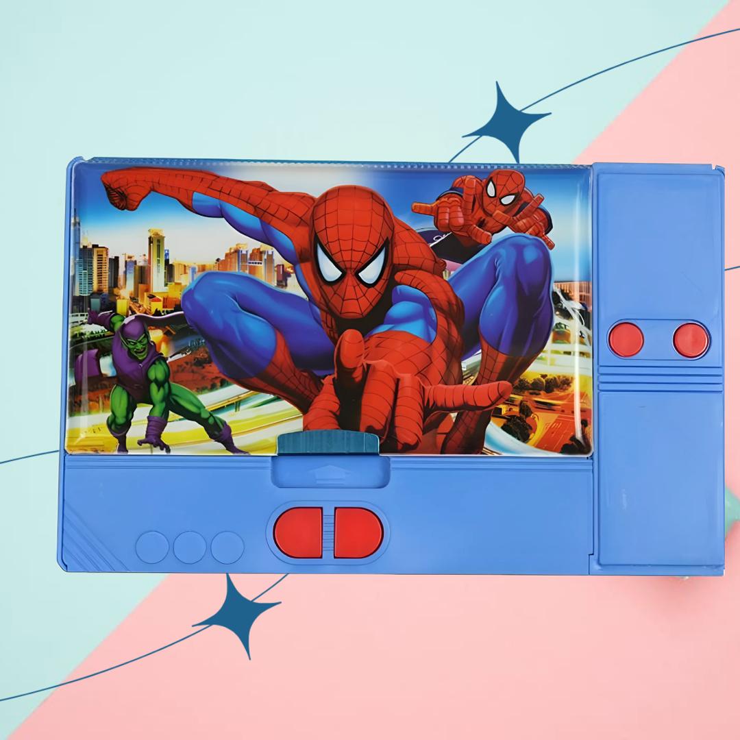 Spiderman themed blue pencil box with multi-compartment storage and cartoon print for kids