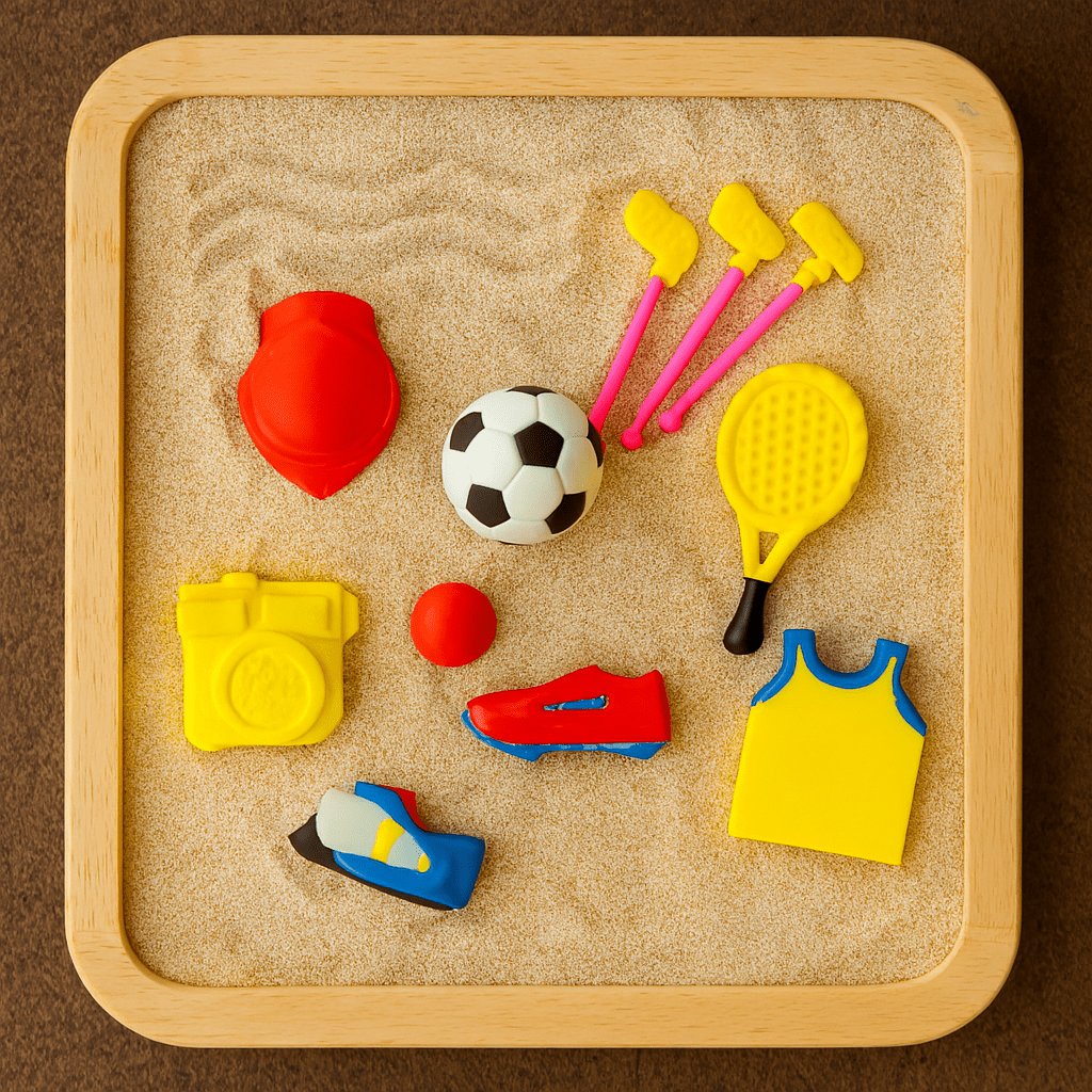 Sports Theme Erasers SetErasersCRAFTY CUDDLEColorful toy erasers on a wooden board with a brown backgroundcollectiblestationerycreativeerasers