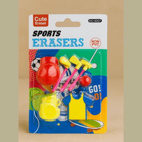 Sports Theme Erasers SetErasersCRAFTY CUDDLEPackaged sports - themed erasers with colorful design on a beige backgroundcollectiblestationerycreativeerasers