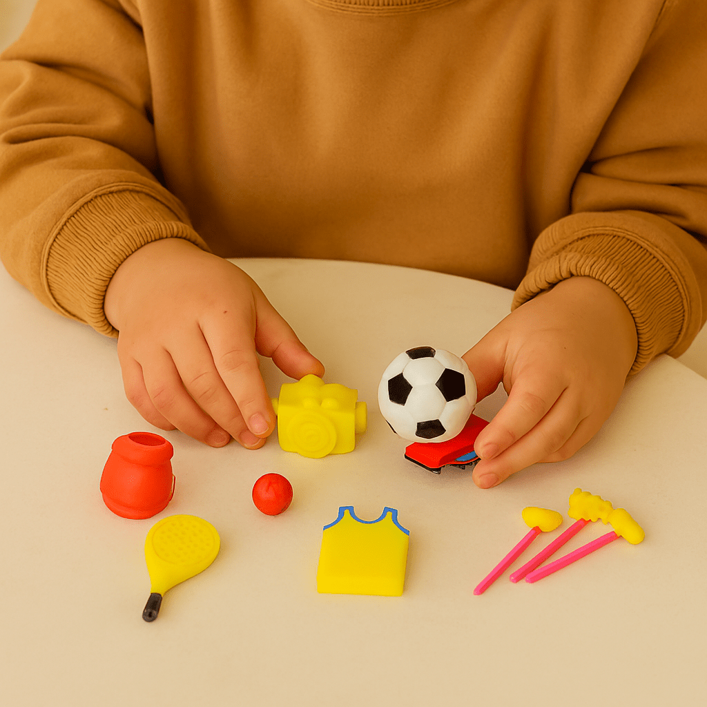 Sports Theme Erasers SetErasersCRAFTY CUDDLEChild playing with colorful erasers on a beige surfacecollectiblestationerycreativeerasers