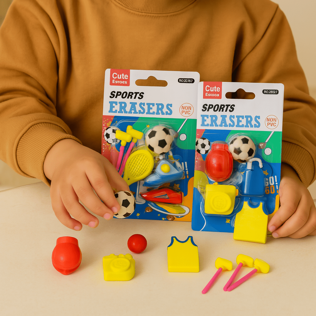 Sports Theme Erasers SetErasersCRAFTY CUDDLEChild playing with sports - themed erasers on a beige surfacecollectiblestationerycreativeerasers