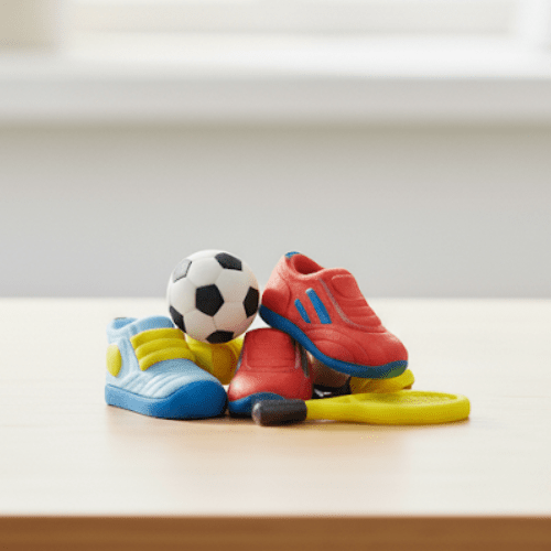 Sports Theme Erasers SetErasersCRAFTY CUDDLEColorful toy soccer shoes and ball erasers on a light surfacecollectiblestationerycreativeerasers