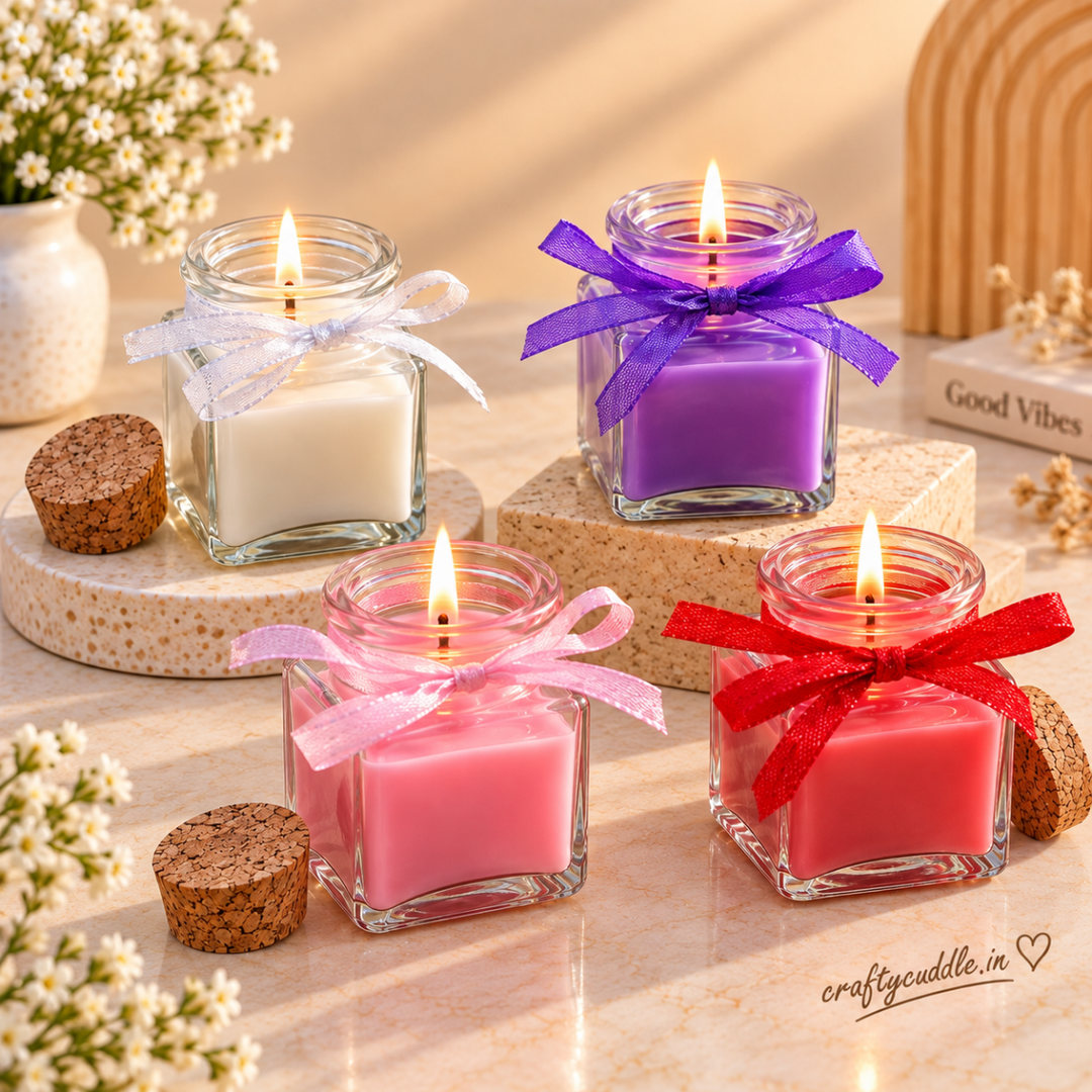 Square Glass Jar Candle with RibbonCandlesCrafty CuddleSquare Glass Jar Candle with Ribbon1 PcScentedCandles CandleGiftSet DecorativeCandles HomeDecor FragranceCandles GiftSet CandleSet HomeDecorIndia FestiveGifting CraftyCuddle