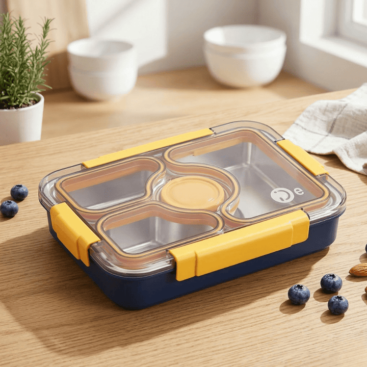 Stainless Steel Bento Lunch BoxStainless Steel Lunch BoxCrafty CuddleMeal prep container with compartments on a wooden tableYellowlunchbox bentobox kidslunchbox schoollunch bentolunchbox lunchboxideas leakprooflunchbox stainlesssteellunchbox schoolessentials kitchenessentials