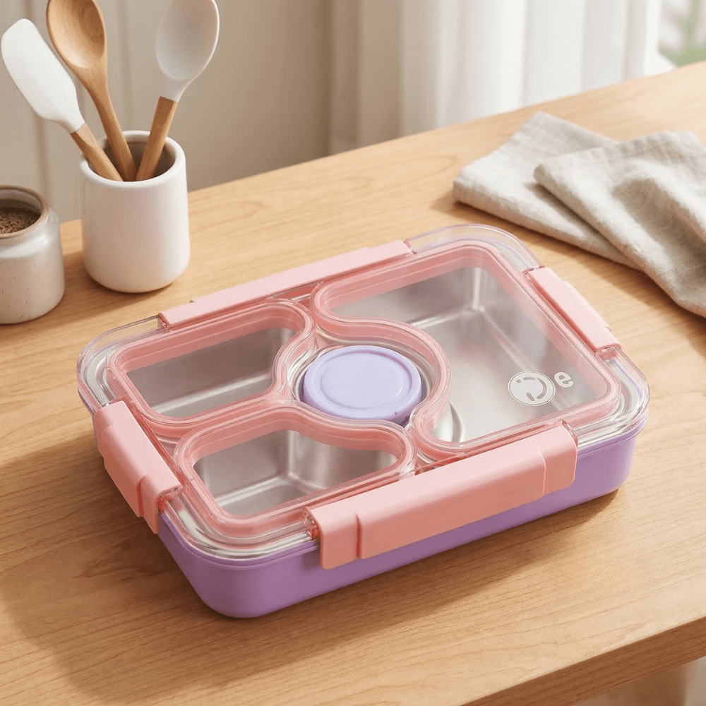 Stainless Steel Bento Lunch BoxStainless Steel Lunch BoxCrafty CuddlePink and purple bento box on a wooden table with utensils in the backgroundPinklunchbox bentobox kidslunchbox schoollunch bentolunchbox lunchboxideas leakprooflunchbox stainlesssteellunchbox schoolessentials kitchenessentials