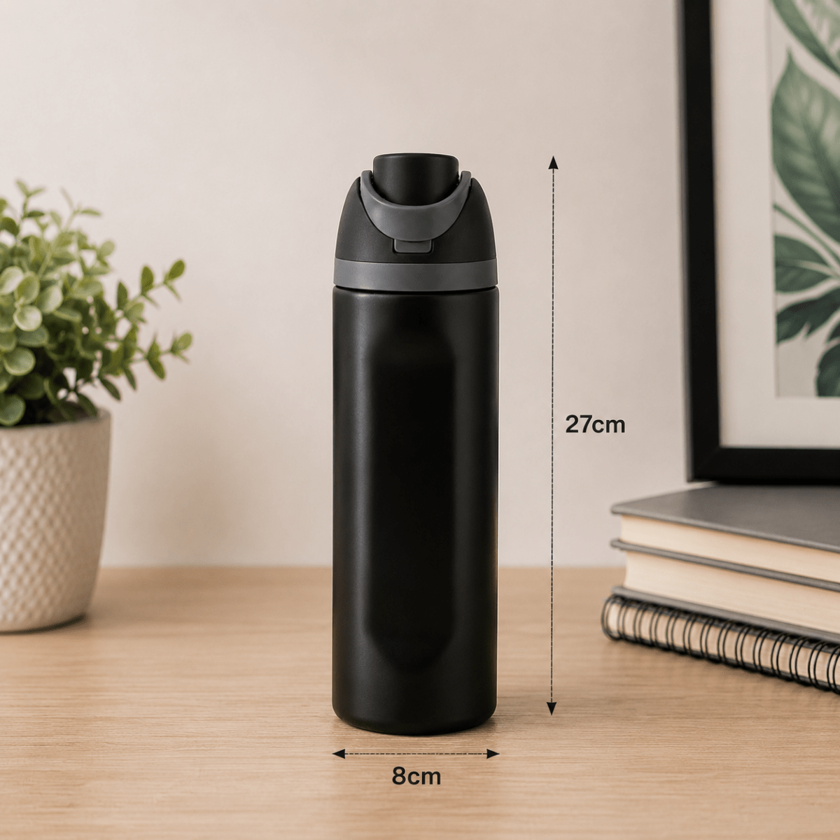 Stainless Steel Insulated Water Bottle with Straw & HandleInsulated Water BottleCrafty CuddleA matte black insulated water bottle with a gray flip-top lid, standing on a light wood desk. White dimension arrows and text indicate a height of 27cm and a base width of 8cm.BlackWaterBottle InsulatedBottle StainlessSteelBottle HydrationGoals TravelBottle GymEssentials ReusableBottle EcoFriendlyLifestyle StayHydrated CraftyCuddle