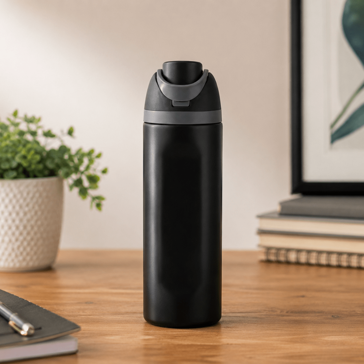 Stainless Steel Insulated Water Bottle with Straw & HandleInsulated Water BottleCrafty CuddleA matte black insulated water bottle with a gray flip-top lid, standing on a wooden desk in a softly lit indoor setting with blurred books, a plant, and framed wall art in the background.BlackWaterBottle InsulatedBottle StainlessSteelBottle HydrationGoals TravelBottle GymEssentials ReusableBottle EcoFriendlyLifestyle StayHydrated CraftyCuddle
