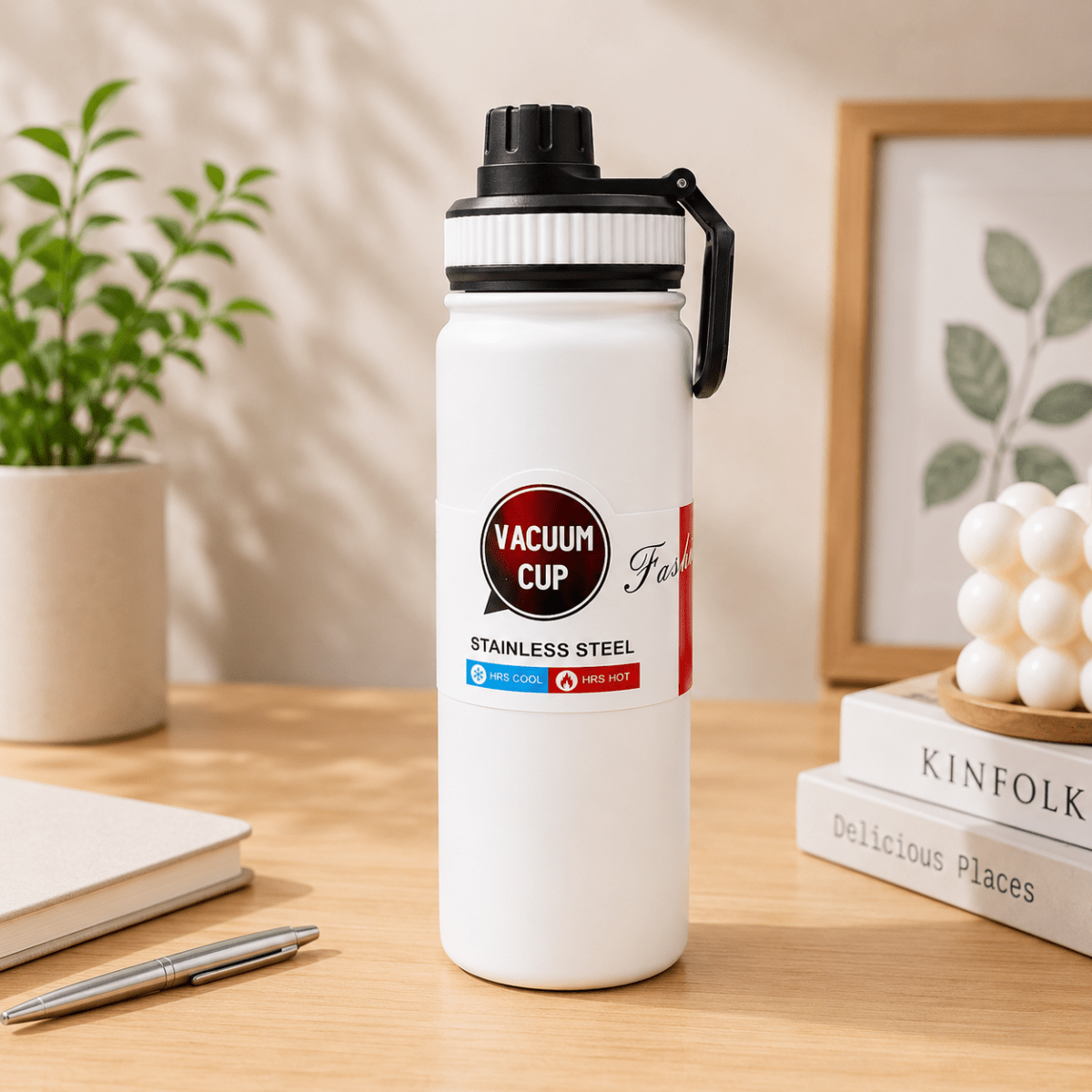Stainless Steel Vacuum Water Bottle with Carry HandleInsulated Water BottleCrafty CuddleWhite vacuum cup with black lid on a wooden surface with books and a plant in the backgroundWhiteVacuumBottle WaterBottle InsulatedBottle StainlessSteelBottle HotAndColdBottle TravelBottle GymBottle LeakProofBottle HydrationEssentials ReusableBottle