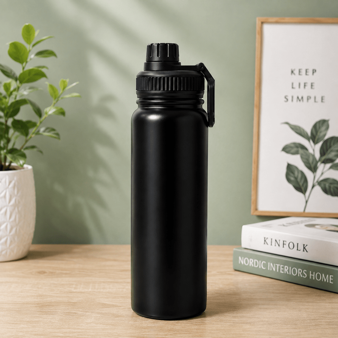 Stainless Steel Vacuum Water Bottle with Carry HandleInsulated Water BottleCrafty CuddleA matte black stainless steel water bottle with a carrying loop, standing on a light wood table next to a potted plant and a stack of books against a sage green wall.BlackVacuumBottle WaterBottle InsulatedBottle StainlessSteelBottle HotAndColdBottle TravelBottle GymBottle LeakProofBottle HydrationEssentials ReusableBottle