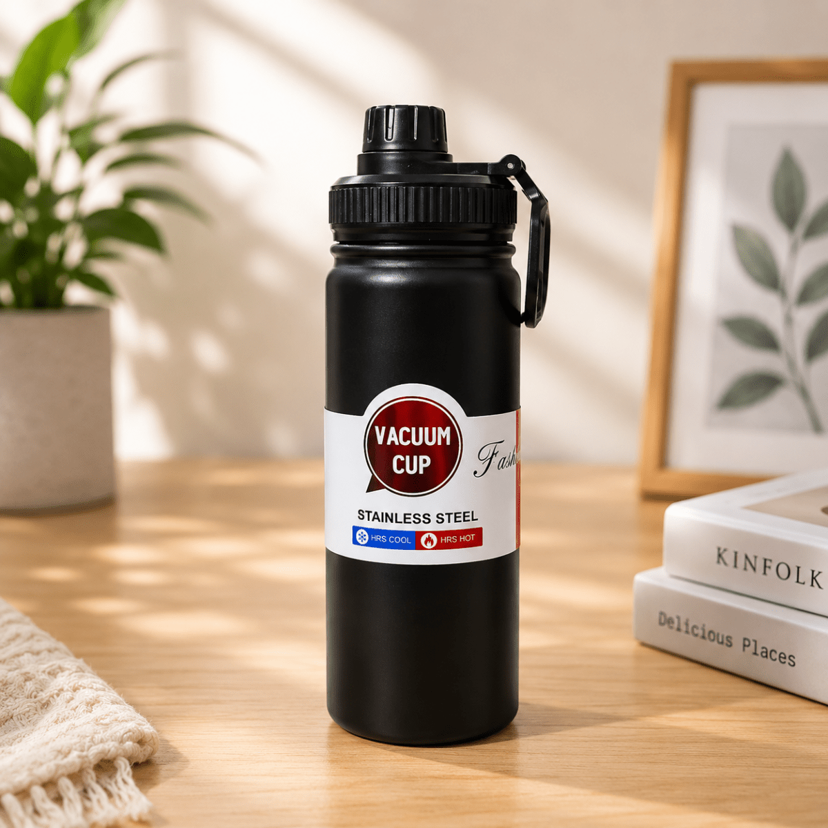 Stainless Steel Vacuum Water Bottle with Carry HandleInsulated Water BottleCrafty CuddleBlack vacuum cup with a red label on a wooden surface with a plant and books in the backgroundBlackVacuumBottle WaterBottle InsulatedBottle StainlessSteelBottle HotAndColdBottle TravelBottle GymBottle LeakProofBottle HydrationEssentials ReusableBottle