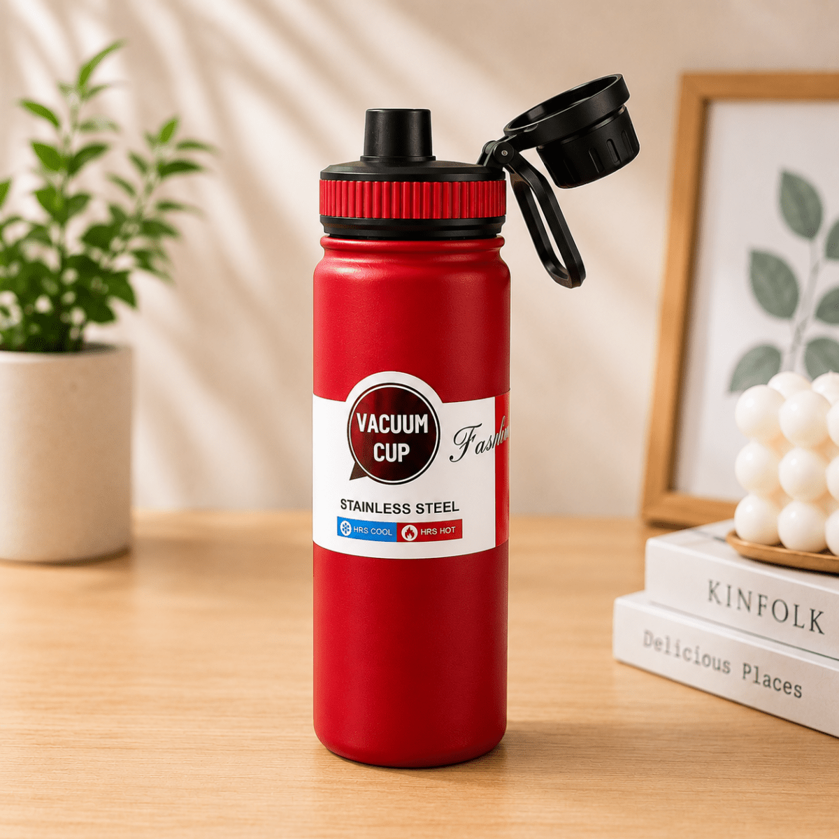 Stainless Steel Vacuum Water Bottle with Carry HandleInsulated Water BottleCrafty CuddleRed vacuum cup with black lid on a wooden surface with a plant and books in the backgroundRedVacuumBottle WaterBottle InsulatedBottle StainlessSteelBottle HotAndColdBottle TravelBottle GymBottle LeakProofBottle HydrationEssentials ReusableBottle