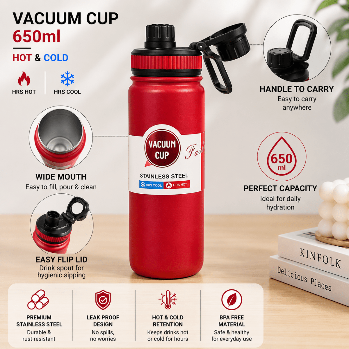 Stainless Steel Vacuum Water Bottle with Carry HandleInsulated Water BottleCrafty CuddleRed vacuum cup with features highlighted on a light backgroundNavyVacuumBottle WaterBottle InsulatedBottle StainlessSteelBottle HotAndColdBottle TravelBottle GymBottle LeakProofBottle HydrationEssentials ReusableBottle
