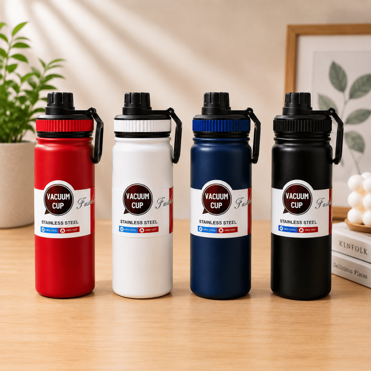 Stainless Steel Vacuum Water Bottle with Carry HandleInsulated Water BottleCrafty CuddleFour vacuum cups in red, white, blue, and black on a wooden surface with a plant and framed picture in the background.NavyVacuumBottle WaterBottle InsulatedBottle StainlessSteelBottle HotAndColdBottle TravelBottle GymBottle LeakProofBottle HydrationEssentials ReusableBottle