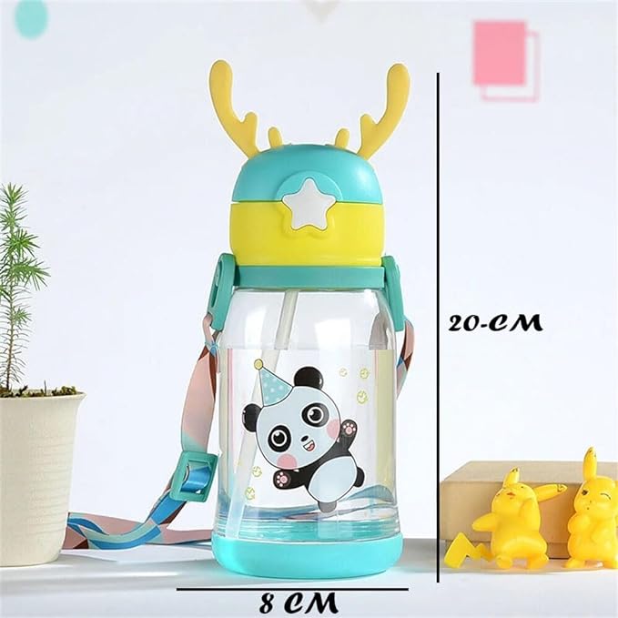 Panda-themed kids water bottle with star-shaped lid and antler handles, measuring 8 cm wide and 20 cm tall.