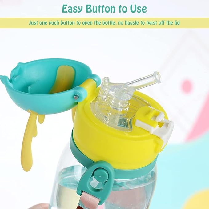 Kids water bottle featuring an easy one-push button lid for quick, hassle-free opening without twisting.


