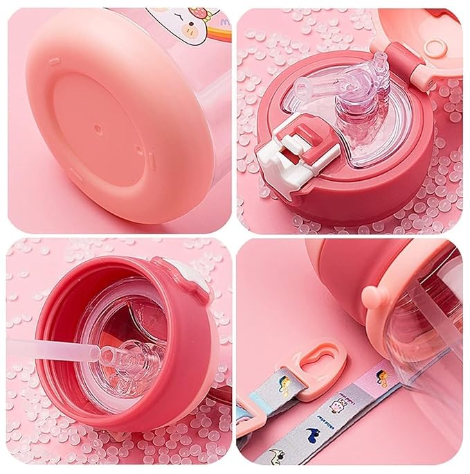 Adorable pink-themed kids water bottle showing close-up of star-shaped cap and anti-slip bottom, designed for safety and easy use