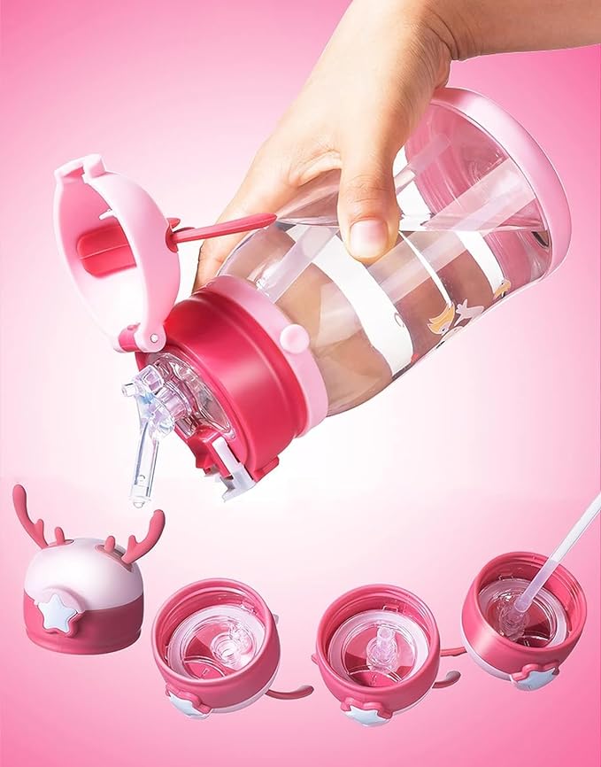 pink kids water bottle with cute star lid and textured anti-slip base, perfect for toddlers and young children