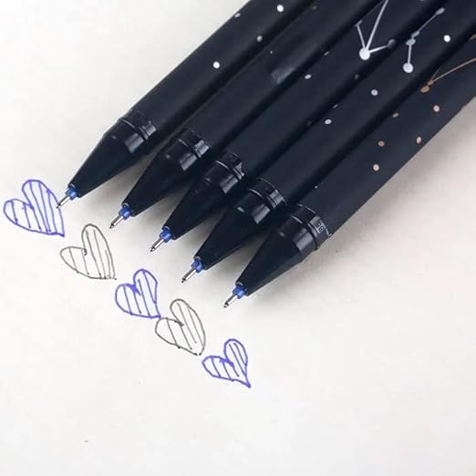 Black pens with blue accents on a white background, with drawings of hearts and a butterfly.