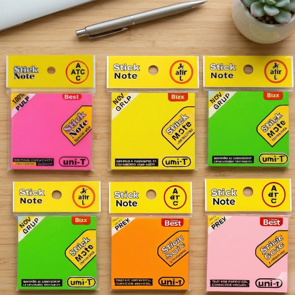 Sticky Notes 5 Color PackSticky NotesCrafty CuddleCollection of colorful stick note packages on a wooden surface with a pen and plant in the background.1StickyNotes OfficeSupplies SchoolStationery StudyEssentials MemoPads StationeryLovers OrganizeYourLife DeskSetup BackToSchool ProductivityTools