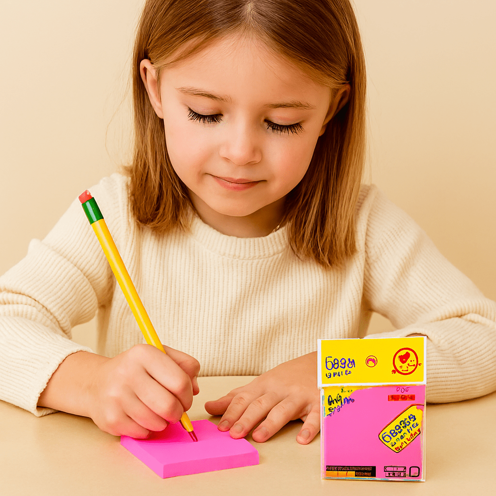 Sticky Notes 5 Color PackSticky NotesCrafty CuddleYoung girl writing on a pink notepad with a yellow pencil, next to a pink box of Post - it notes.1StickyNotes OfficeSupplies SchoolStationery StudyEssentials MemoPads StationeryLovers OrganizeYourLife DeskSetup BackToSchool ProductivityTools