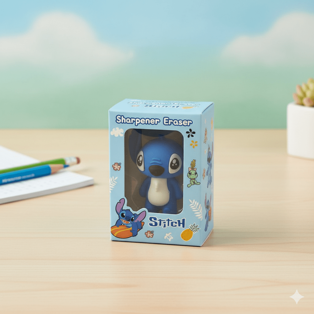 Stitch 2 - in - 1 Sharpener and EraserStationery > Erasers & SharpenersCRAFTY CUDDLEBoxed product with a character eraser on a wooden surface with a blurred background