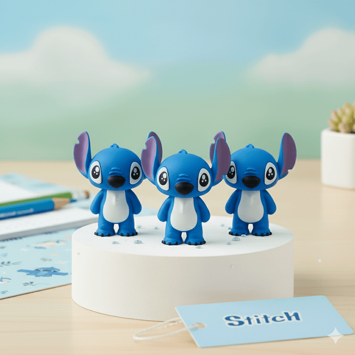Stitch 2 - in - 1 Sharpener and EraserStationery > Erasers &amp; SharpenersCRAFTY CUDDLEThree blue cartoon character erasers on a white stand with a blurred background