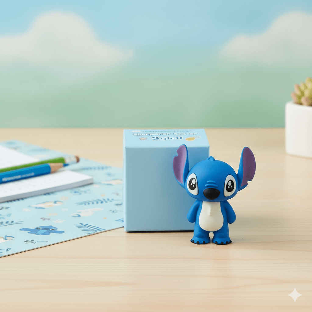 Stitch 2 - in - 1 Sharpener and EraserStationery > Erasers & SharpenersCRAFTY CUDDLEBlue cartoon character eraser on a desk with stationery items