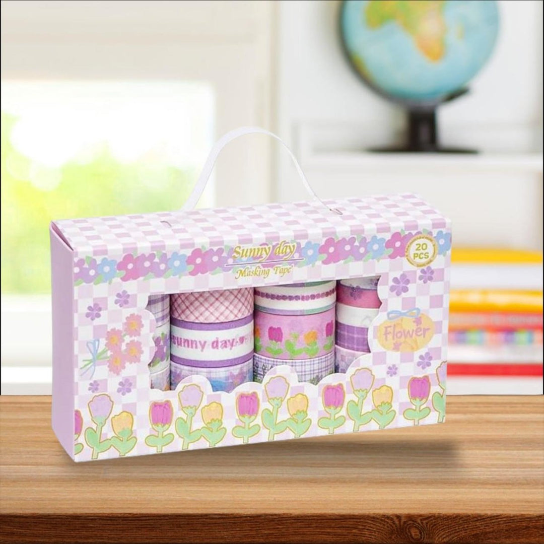 Set of 20 floral washi tapes neatly arranged in a beautiful decorative box with pastel and blooming designs