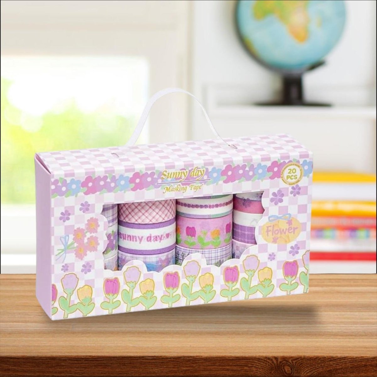 Set of 20 floral washi tapes neatly arranged in a beautiful decorative box with pastel and blooming designs