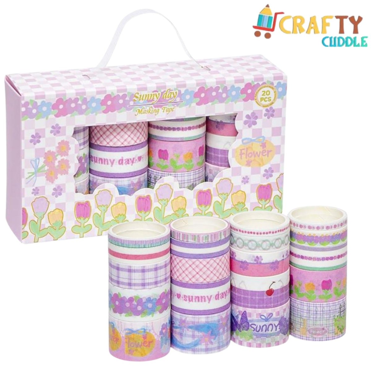 Washi tape set displayed in an open box with multiple floral tape rolls partially unrolled to show colorful patterns
