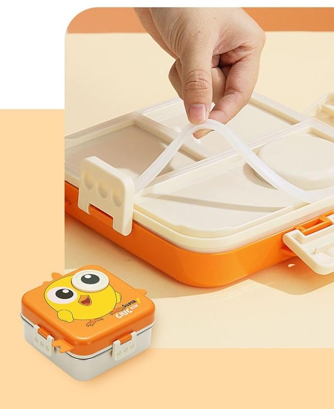 Orange Super Chicken bento lunch box for kids showcasing its 3 compartments, leakproof lid, and cute chicken face design – perfect for school snacks and meals.