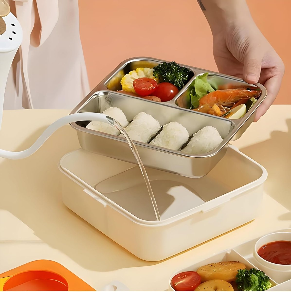 Leak-proof elephant-themed lunch box held by a woman, showcasing its secure, spill-free design. The pink and gray bento boxes feature playful 'Super Elephant' branding, with compartments for food storage. Open lunch box displays rice, vegetables, dragon fruit, tomatoes, and donuts. Includes a spoon and cute figurines, ideal for school lunches, meal prep, and eco-friendly food storage solutions.