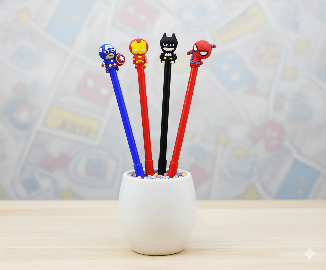 Superhero Gel PensCRAFTY CUDDLEFour superhero - themed pens in a white holder with a colorful background1