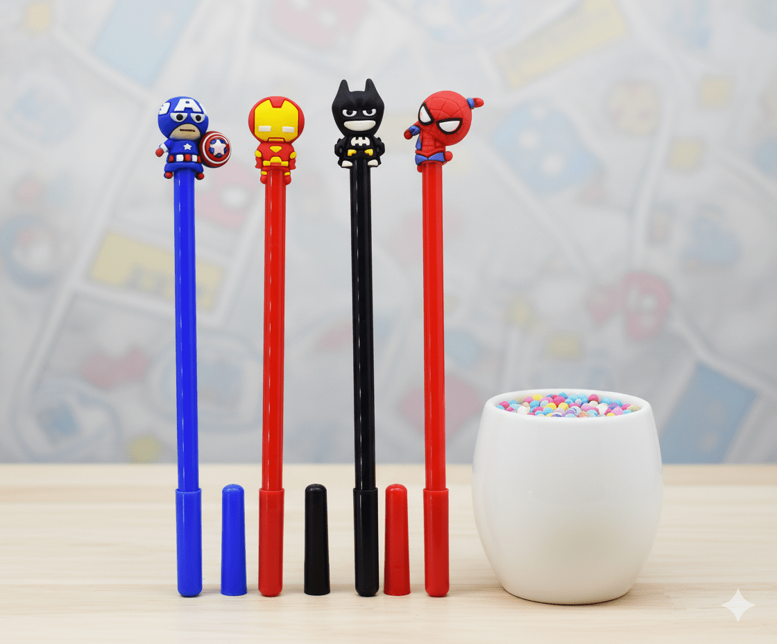 Superhero Gel PensCRAFTY CUDDLEFour superhero - themed pens with a small container of colorful beads on a light surface.1