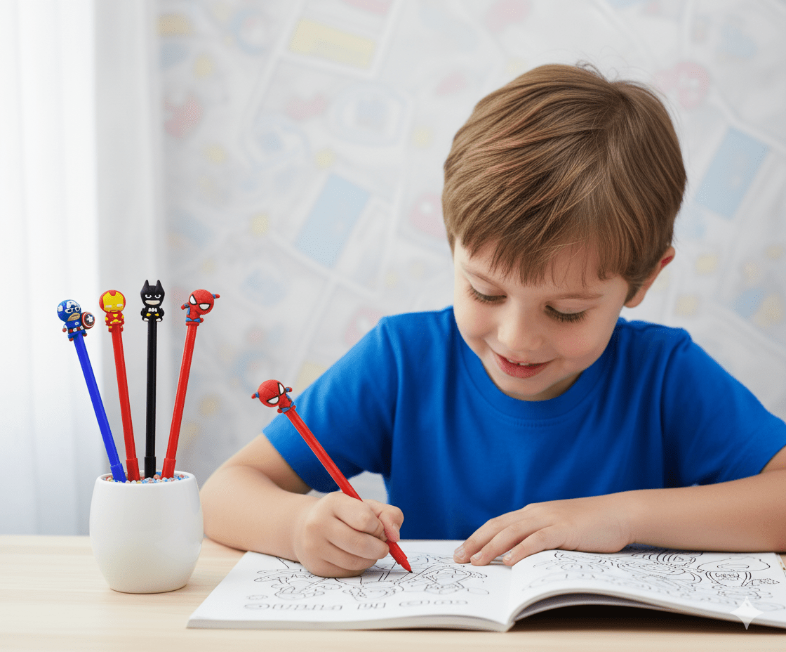 Superhero Gel PensCRAFTY CUDDLEChild writing in a book with pen on a table.1