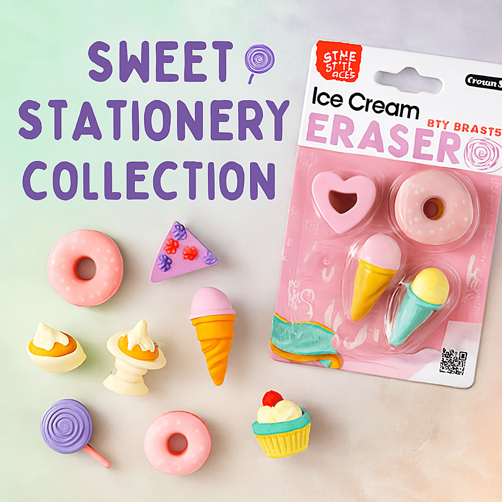 Sweet stationery collection with ice cream-themed erasers on a light background