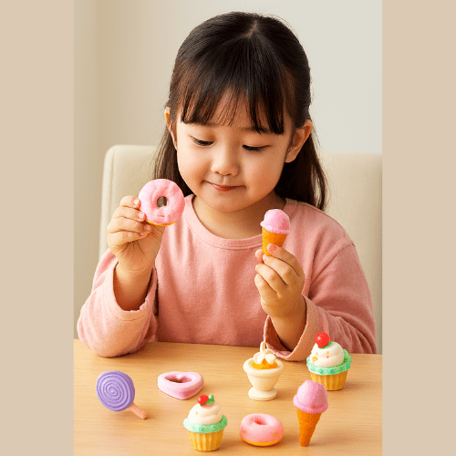 Child playing with toy ice cream cones and donuts on a table.