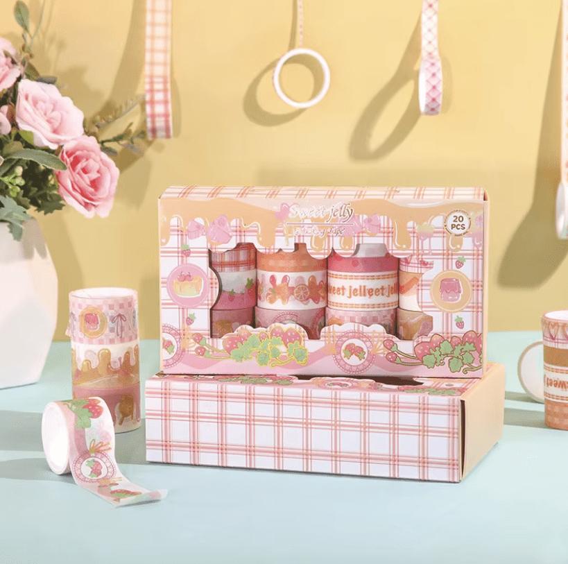 Set of 20 Sweet Jelly washi tape rolls with colorful dessert designs including cupcakes, candies, and lollipops