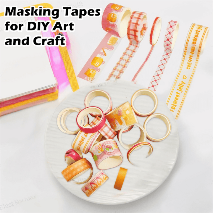 Colorful washi tapes arranged decoratively in a plate, showcasing vibrant patterns and designs for crafting and journaling