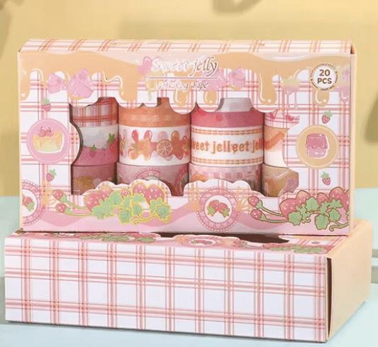 Set of 20 Sweet Jelly washi tape rolls with colorful dessert designs including cupcakes, candies, and lollipops