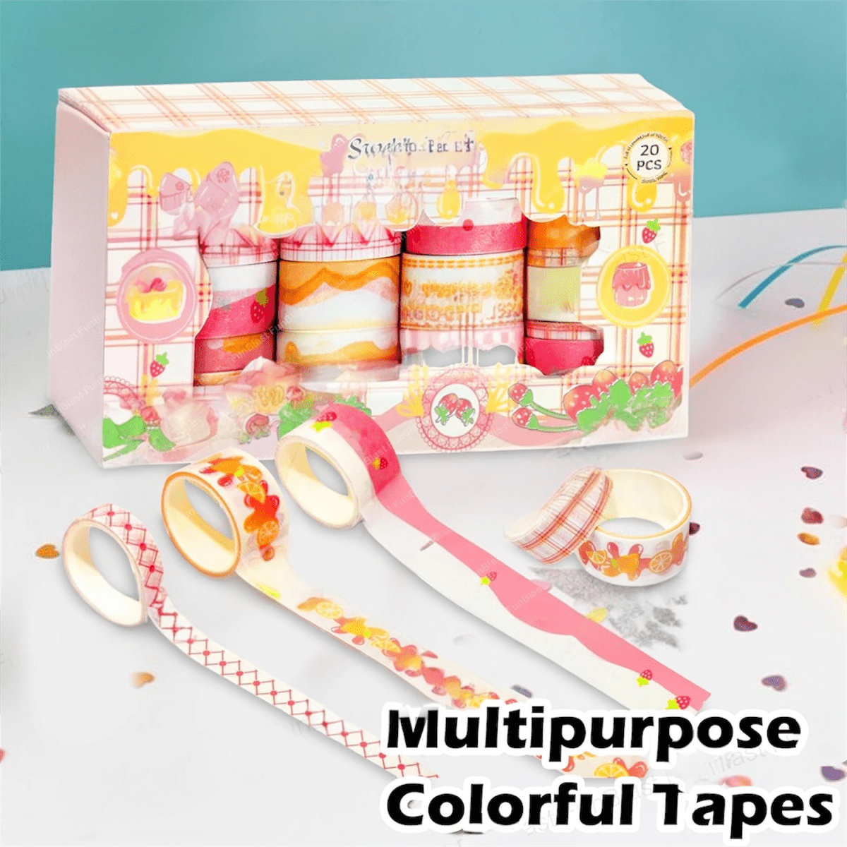Multipurpose colorful washi tape rolls used for journaling, scrapbooking, decorating, and DIY crafts