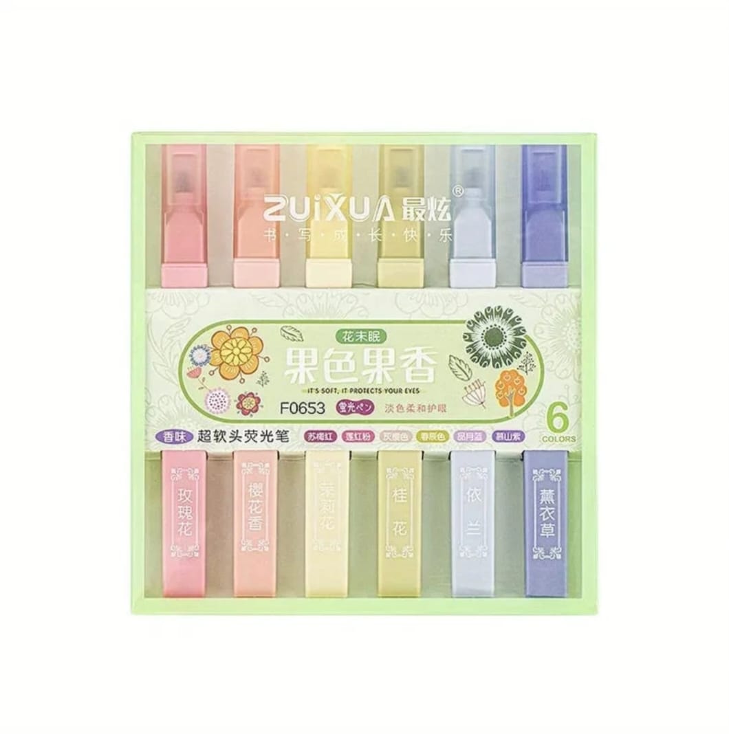 Six bold neon highlighters with delightful fragrance and smooth-flow ink perfect for planners and creatives.