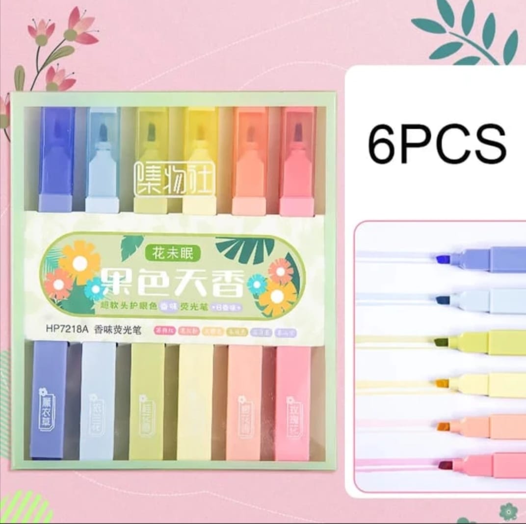 Pack of 6 scented highlighters in bold neon shades, smooth ink, and floral fragrance for creative note-taking.