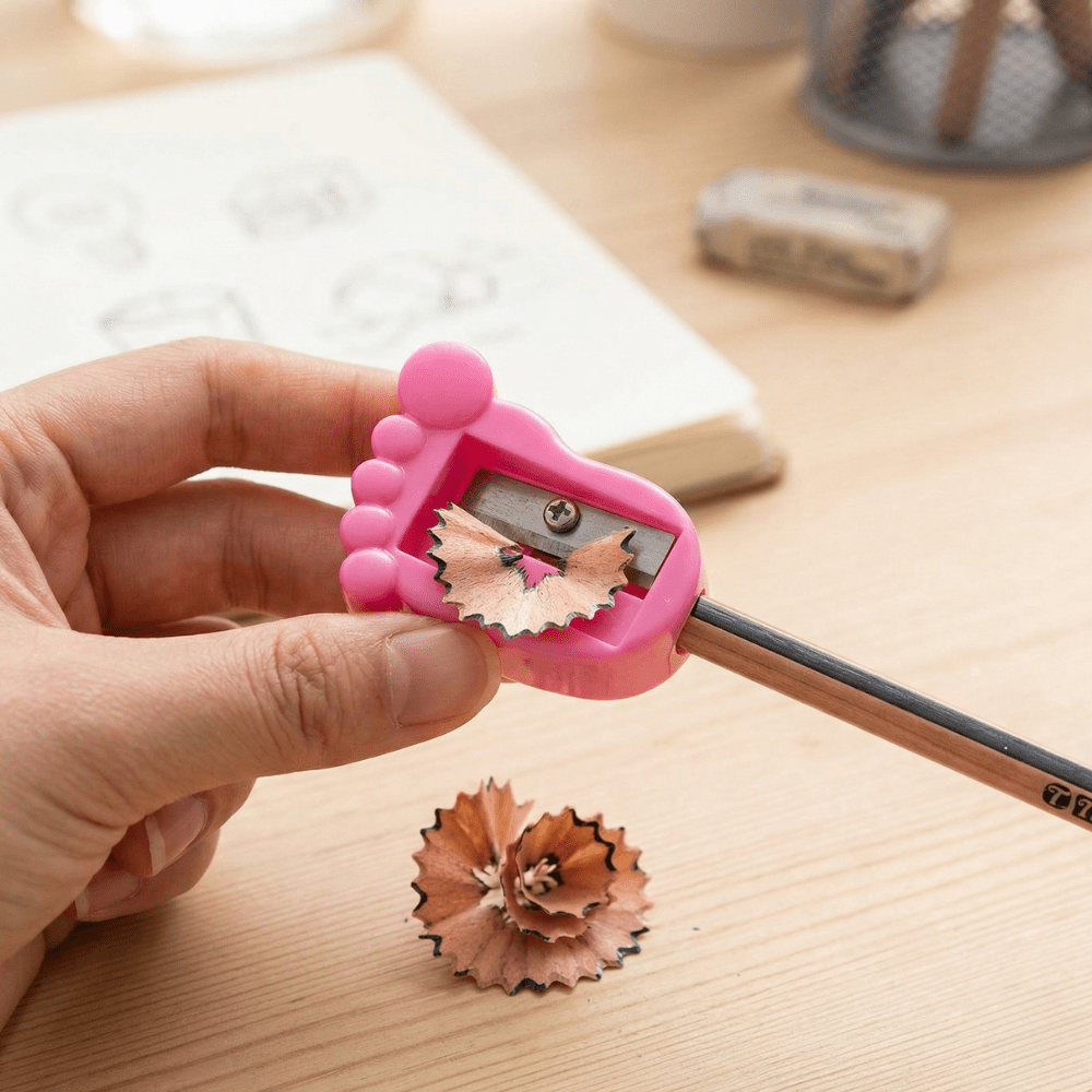 Tiny Toes SharpenerCrafty CuddlePink pencil sharpener with a pencil being sharpened on a wooden surface.1