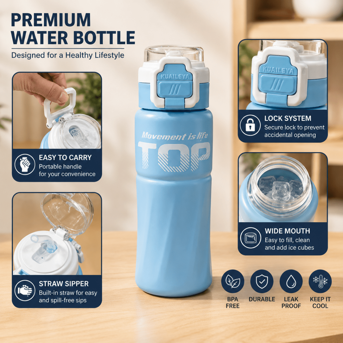 TOP Straw Sipper Steel Water BottleCartoon Kids Water BottleCrafty CuddleBlue water bottle with features highlighted on a wooden surfaceBlackStationeryAddictTOPWaterBottle SUS316 PremiumBottle SchoolEssentials OfficeEssentials SportsBottle BPAFree DailyHydration DrinkMoreWater BottleLover