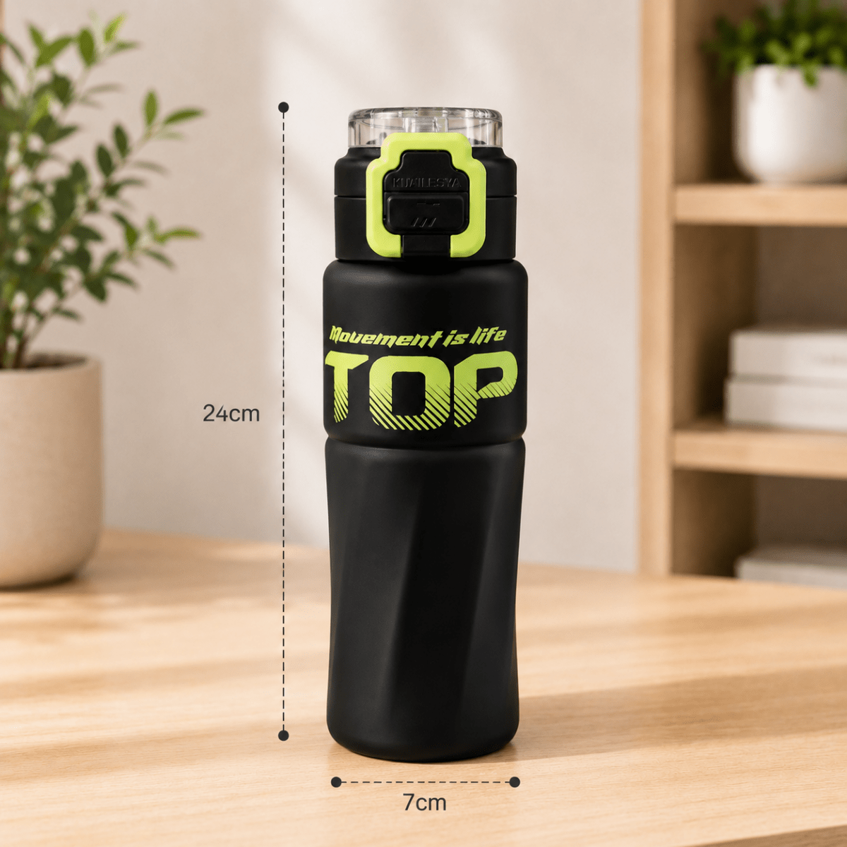 TOP Straw Sipper Steel Water BottleCartoon Kids Water BottleCrafty CuddleBlack water bottle with green text on a wooden table, measurement details included.BlackStationeryAddictTOPWaterBottle SUS316 PremiumBottle SchoolEssentials OfficeEssentials SportsBottle BPAFree DailyHydration DrinkMoreWater BottleLover