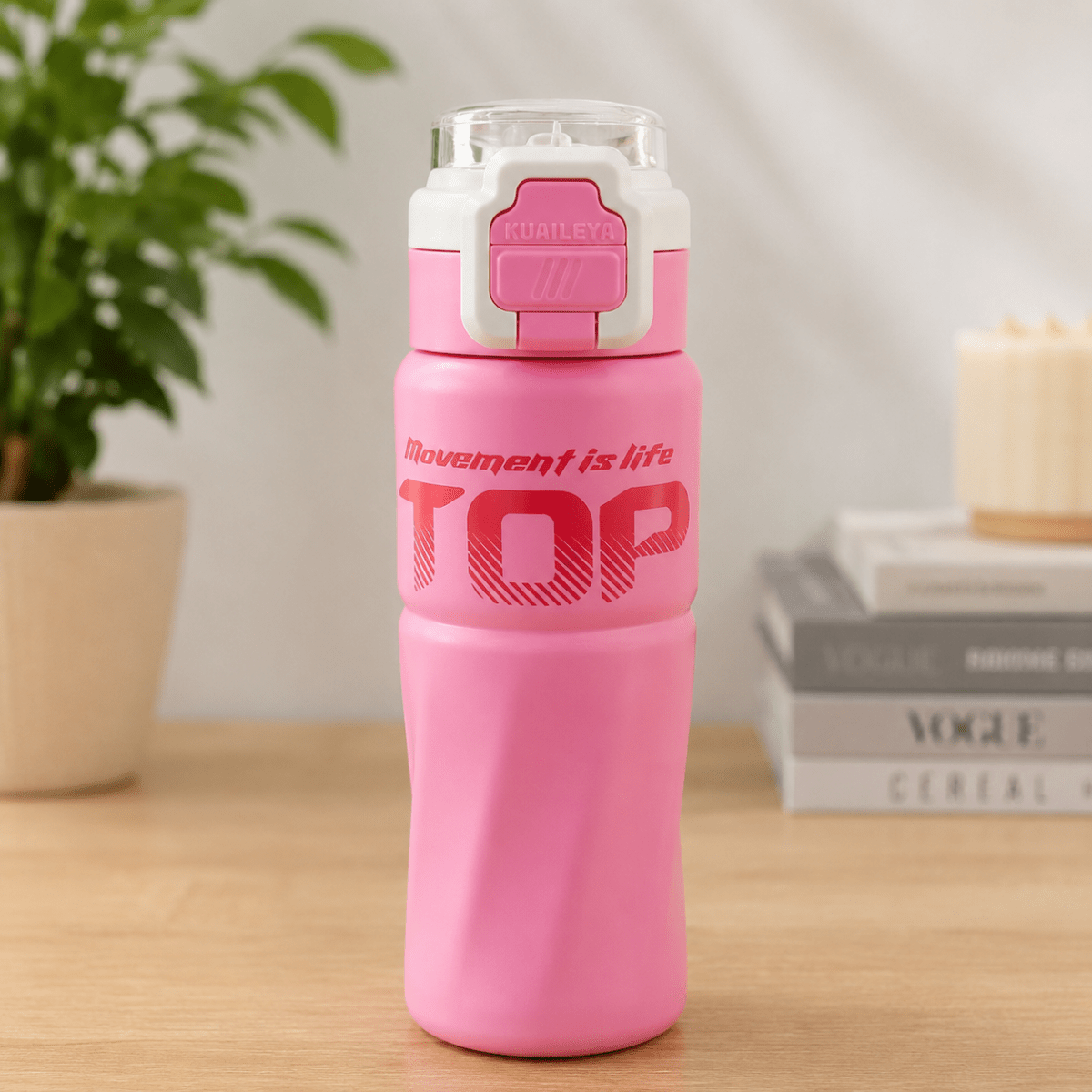 TOP Straw Sipper Steel Water BottleCartoon Kids Water BottleCrafty CuddlePink water bottle with white cap on a wooden surface, plant and books in the backgroundPinkStationeryAddictTOPWaterBottle SUS316 PremiumBottle SchoolEssentials OfficeEssentials SportsBottle BPAFree DailyHydration DrinkMoreWater BottleLover